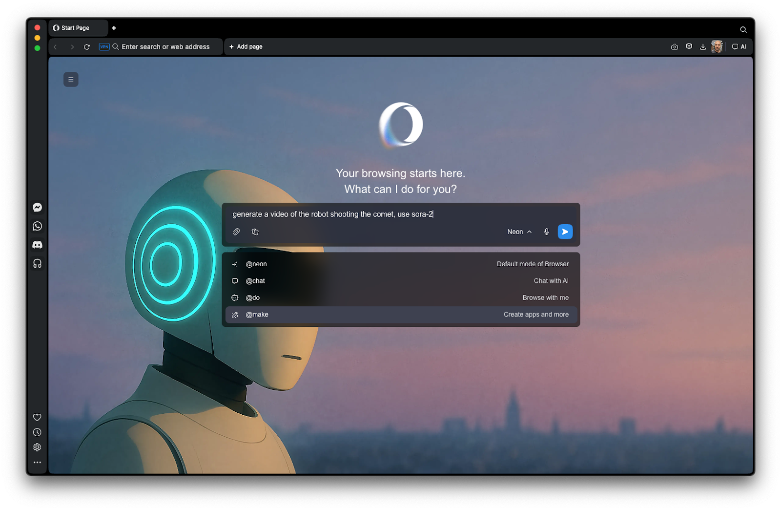 Opera Neon Omnibox with various features including OpenAI Sora 2 video creation, Neon Do, and Neon Make