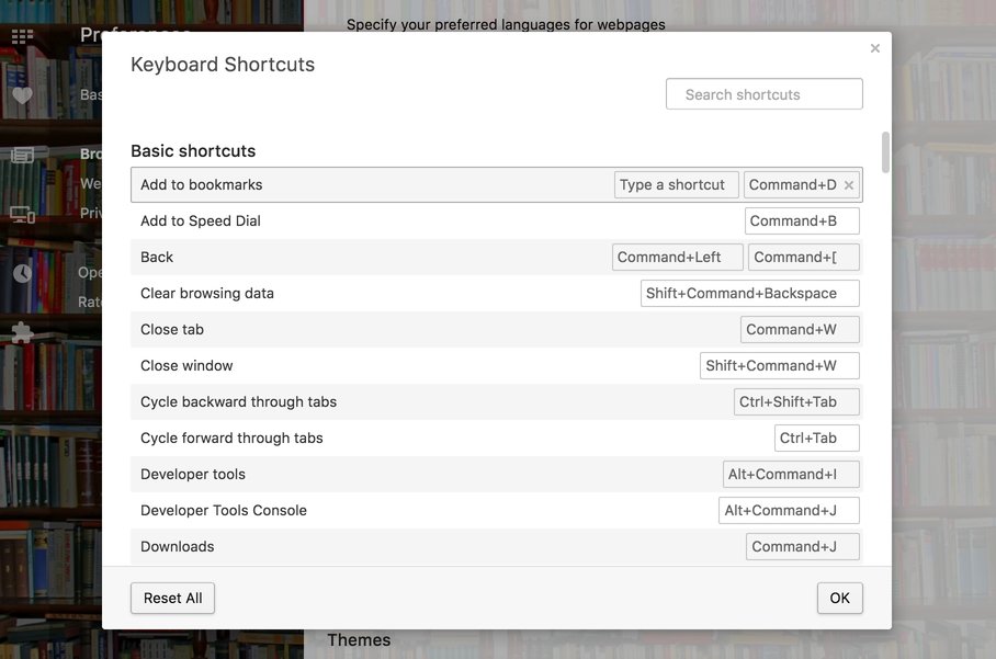 Browser settings - keyboard shortcuts