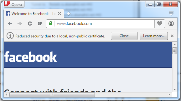 The warning when intercepting a request to facebook.